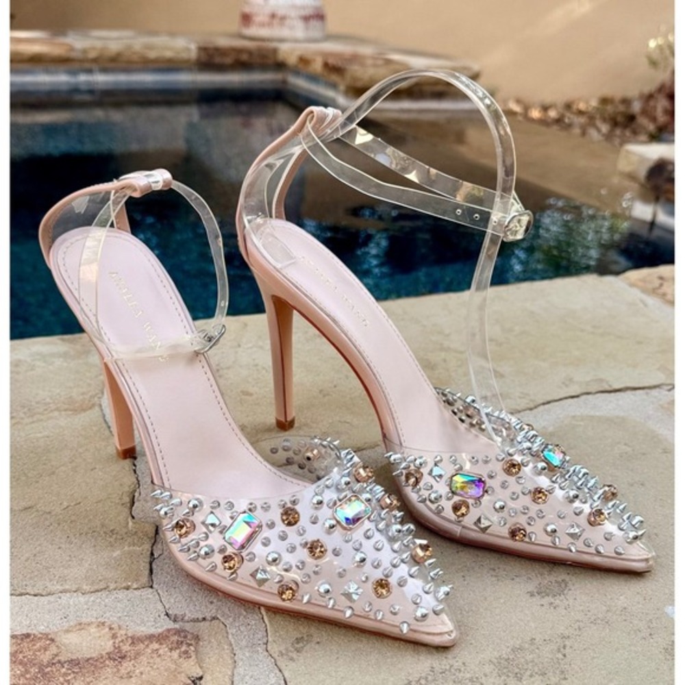 Azalea Wang POPSTAR Clear Studded Rhinestone Spike Heels Nude Size 7.5